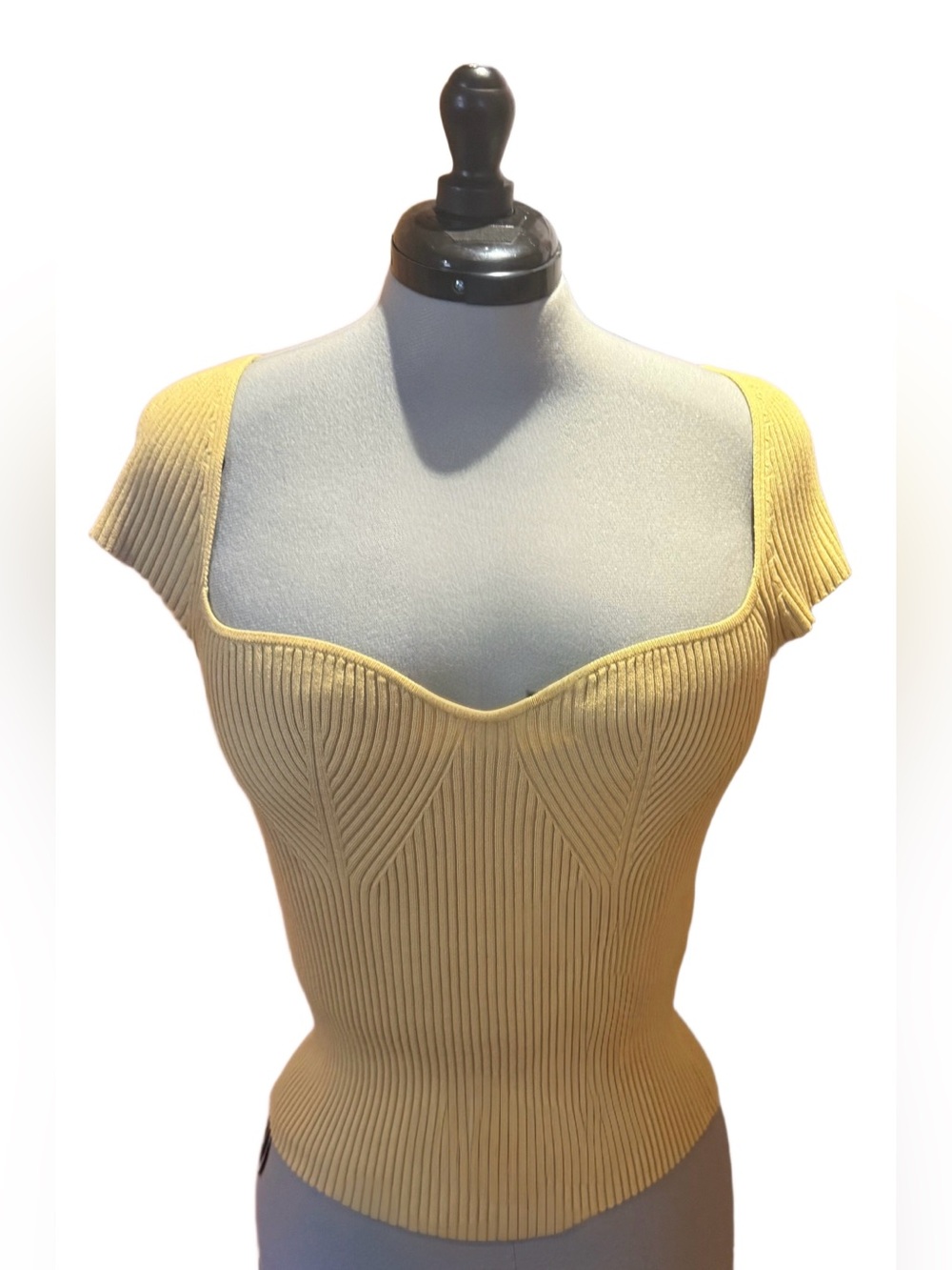H&M Ribbed Sweetheart Neck Dusty Yellow Top Size L